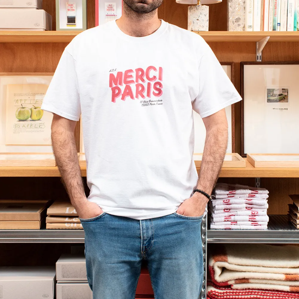 Shop 1473 SCRKS Merci - T-shirt unisexe - Blanc & Logo Rouge