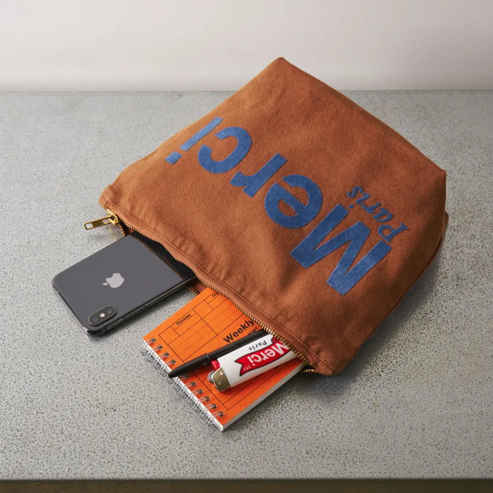 Best Sale V01 Merci - Pochette en coton - Marron & Marine