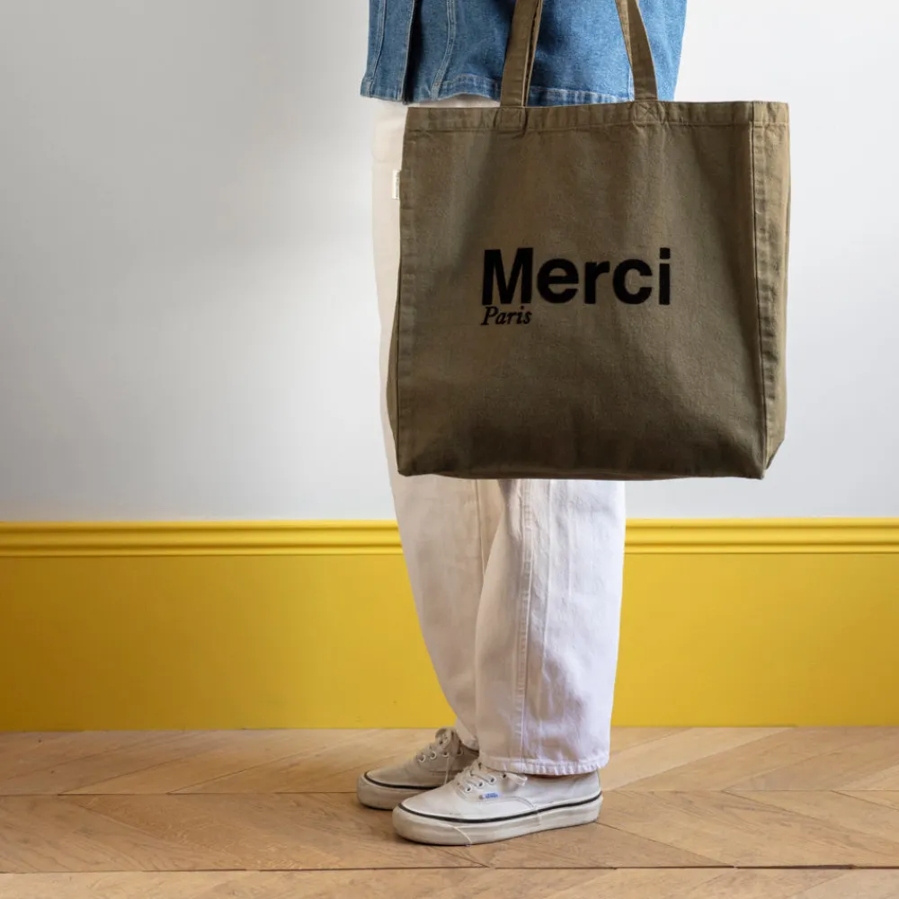 Hot V01 Merci - Tote Bag en coton - Kaki & Noir