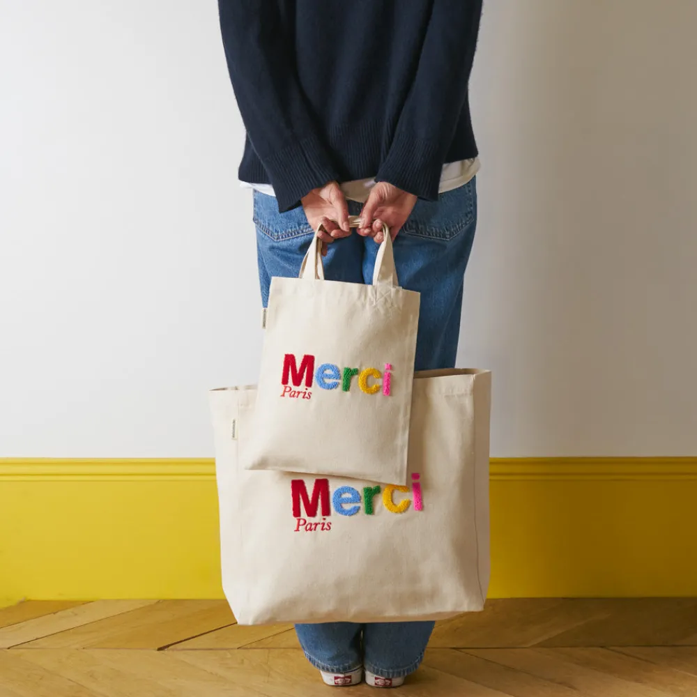 New V01 Merci - Tote Bag en coton Bouclette - Ecru & Multicolore