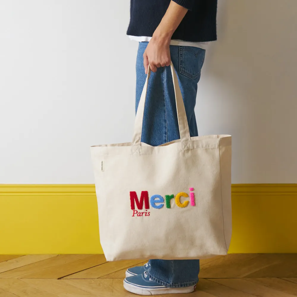 New V01 Merci - Tote Bag en coton Bouclette - Ecru & Multicolore
