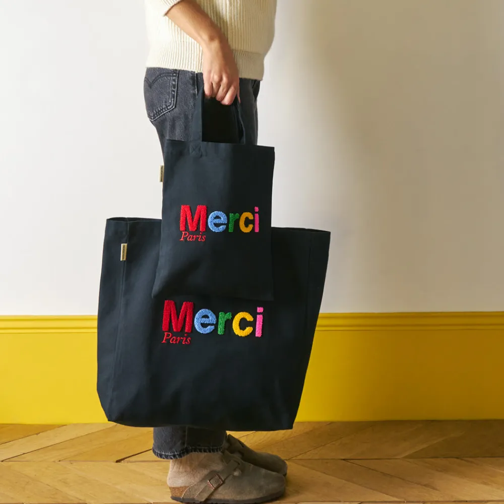 Clearance V01 Merci - Tote Bag en coton Bouclette - Noir & Multicolore