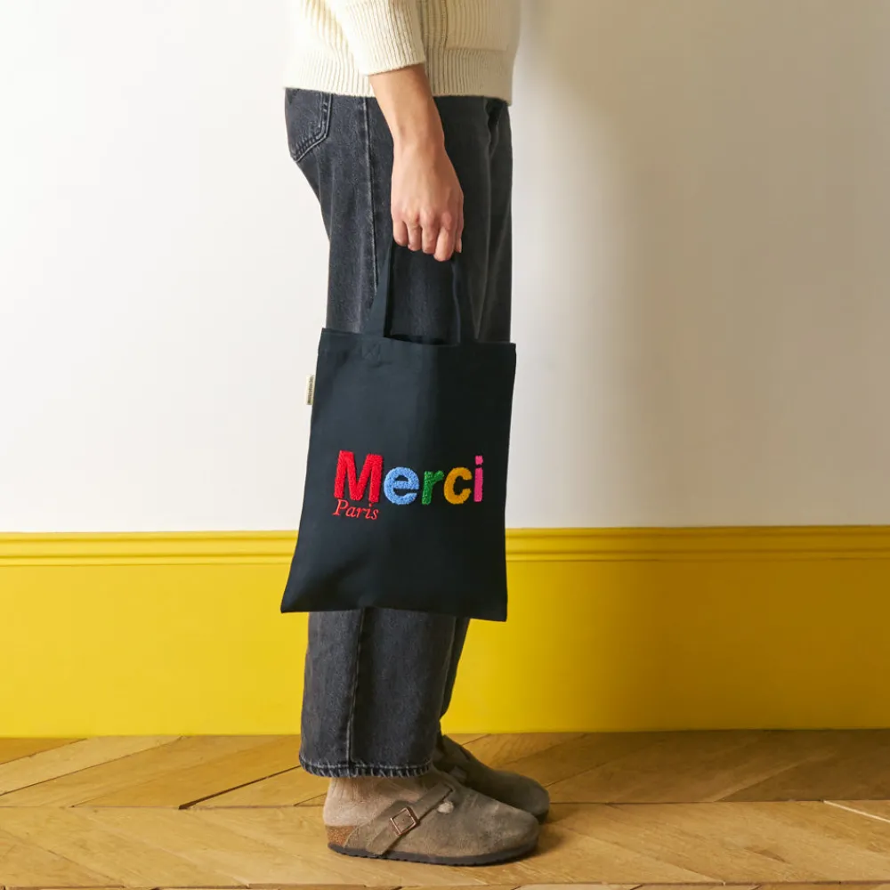 Clearance V01 Merci - Tote Bag en coton Bouclette - Noir & Multicolore
