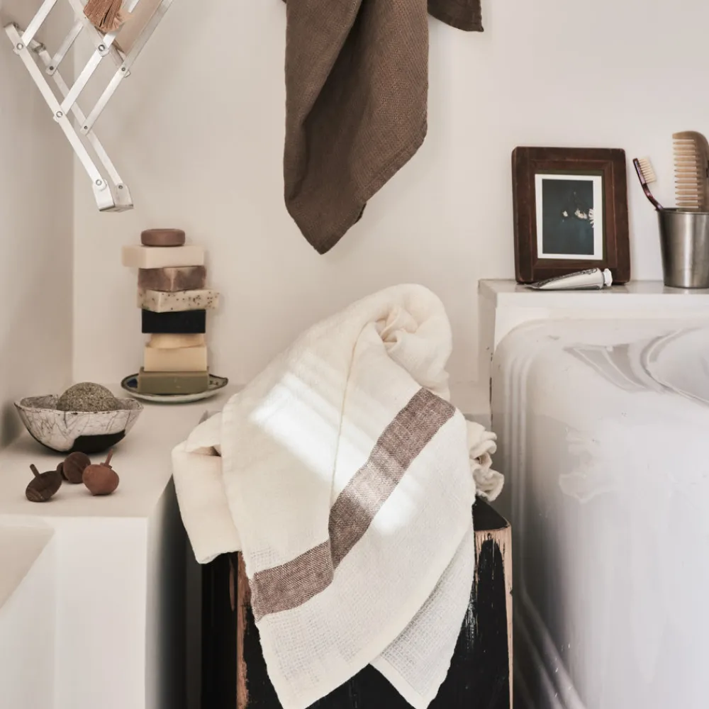 Discount 200 LINTEX Serviette de bain en lin - Nid d'abeille - Bande Brun Cha Iro BrunChaIro