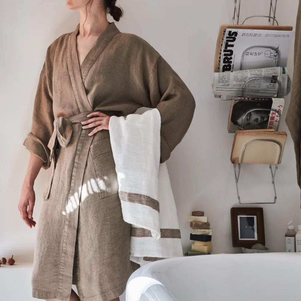 Discount 200 LINTEX Serviette de bain en lin - Nid d'abeille - Bande Brun Cha Iro BrunChaIro