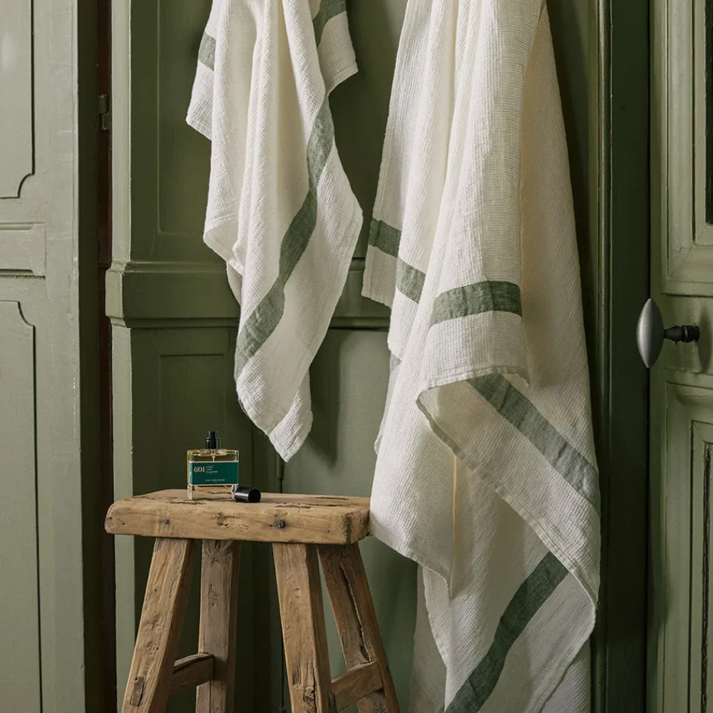 Cheap 200 LINTEX Serviette de bain en lin - Nid d'abeille - Bande Vert d'Anduze Vertd'Anduze