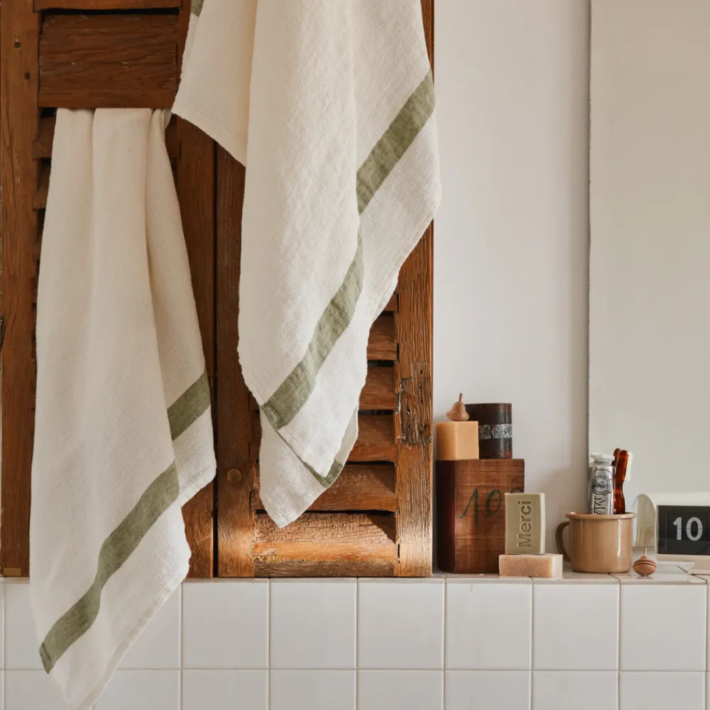 Cheap 200 LINTEX Serviette de bain en lin - Nid d'abeille - Bande Vert Komorebi VertKomorebi