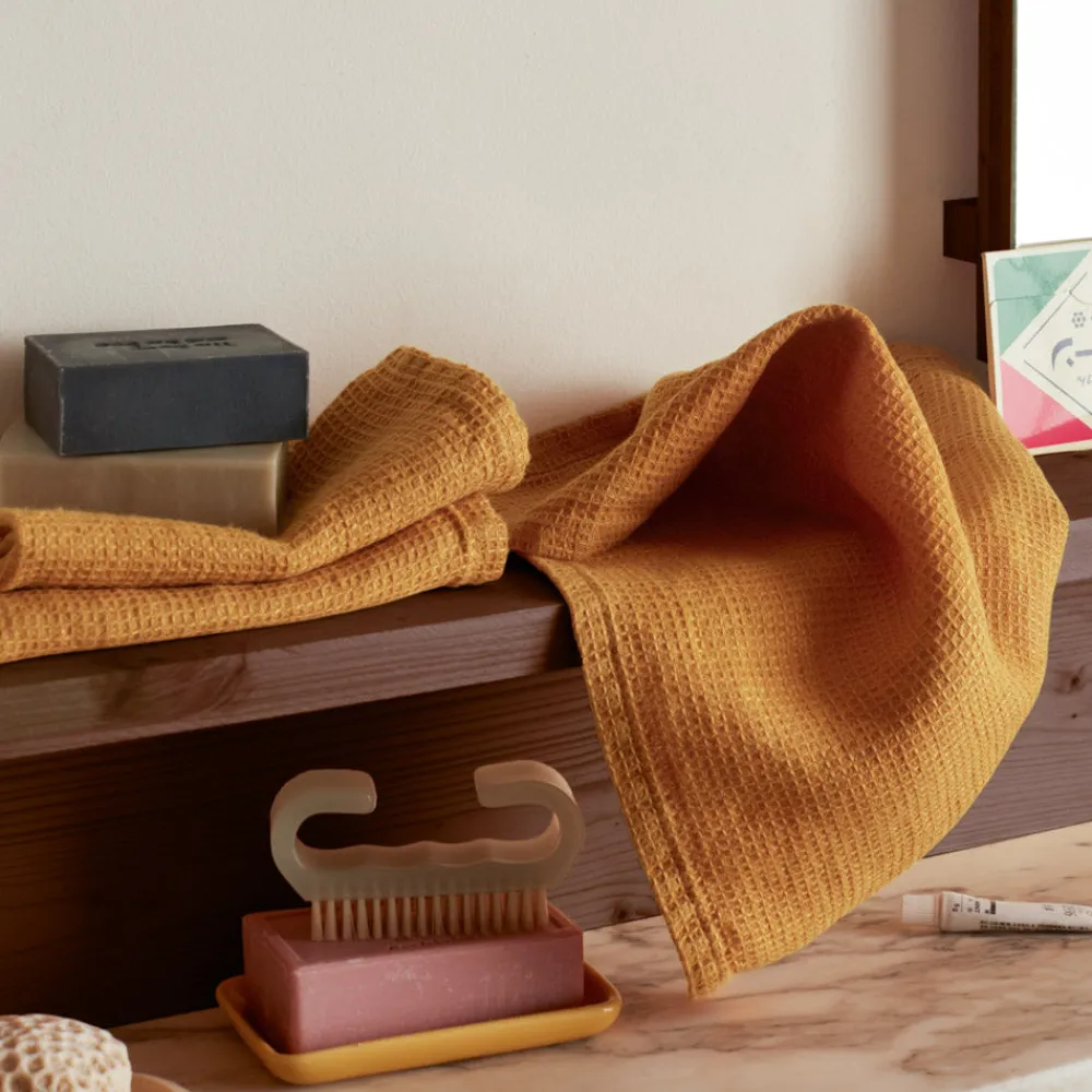 New 200 LINTEX Serviette de bain invité en lin - Nid d'abeille - Jaune Asahi JauneAsahi