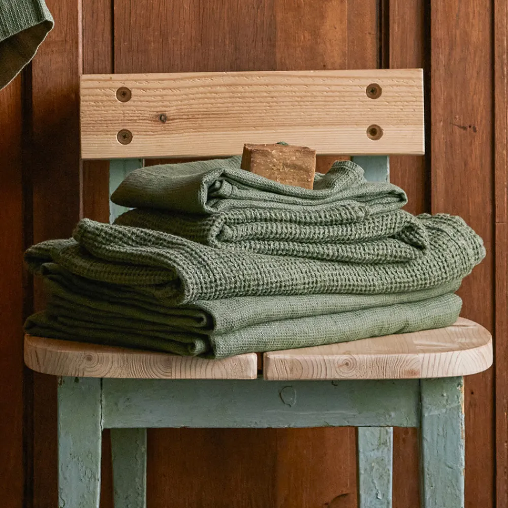 Online 200 LINTEX Serviette de bain invité en lin - Nid d'abeille - Vert d'Anduze Vertd'Anduze
