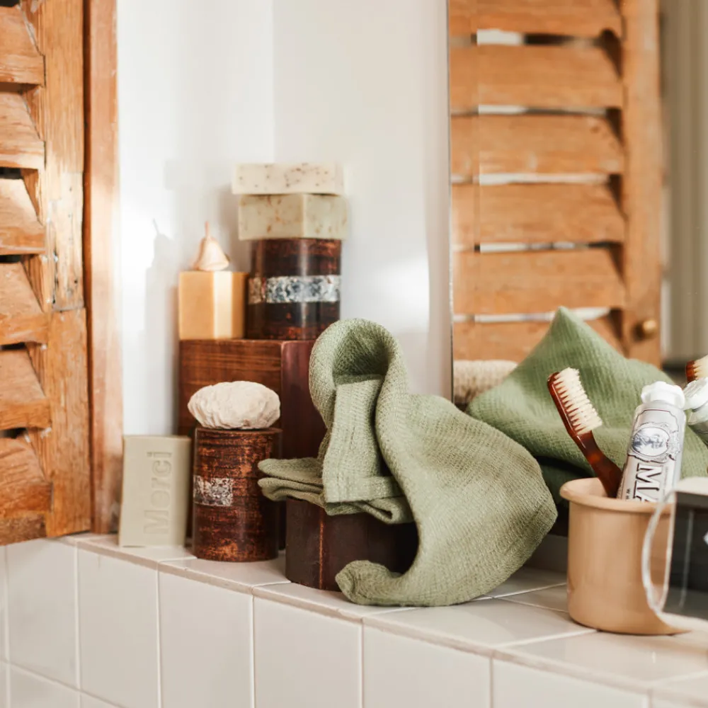 Hot 200 LINTEX Serviette de bain invité en lin - Nid d'abeille - Vert Komorebi VertKomorebi