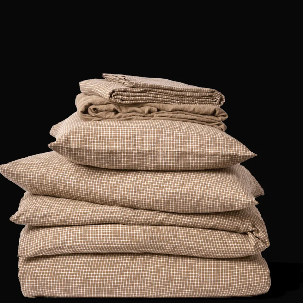 Best 200 LINTEX Taie d'oreiller en lin lavé - Carreaux Brun Cha Iro CarreauxBrunChaIro