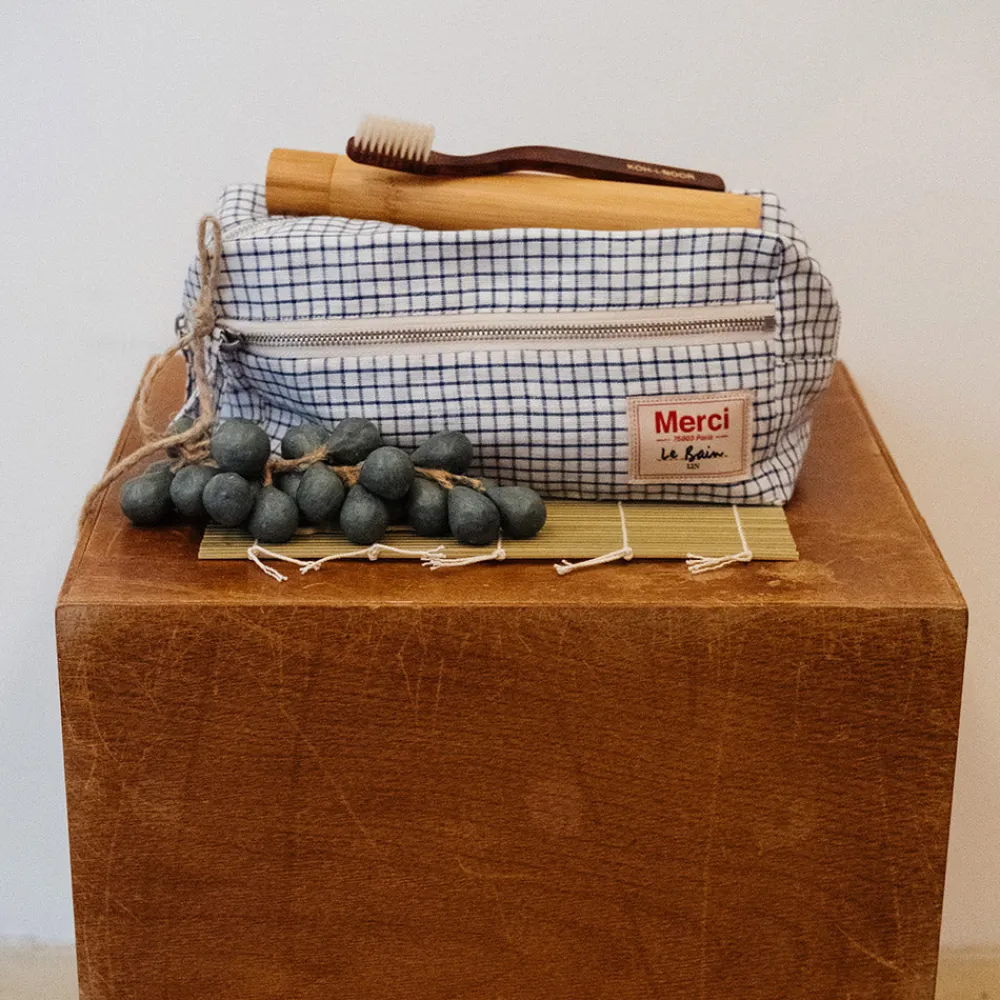Cheap 200 LINTEX Trousse de toilette en lin lavé - Carreaux Bleu Shibori CarreauxBleuShibori