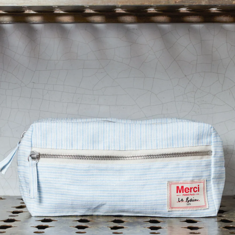 Discount 200 LINTEX Trousse de toilette en lin lavé - Rayures Chemise Bleu Tyrrhénien