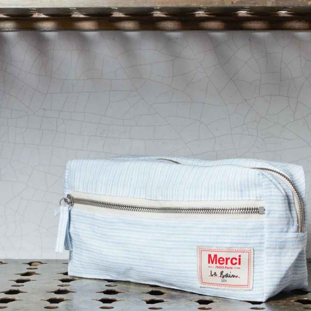 Discount 200 LINTEX Trousse de toilette en lin lavé - Rayures Chemise Bleu Tyrrhénien